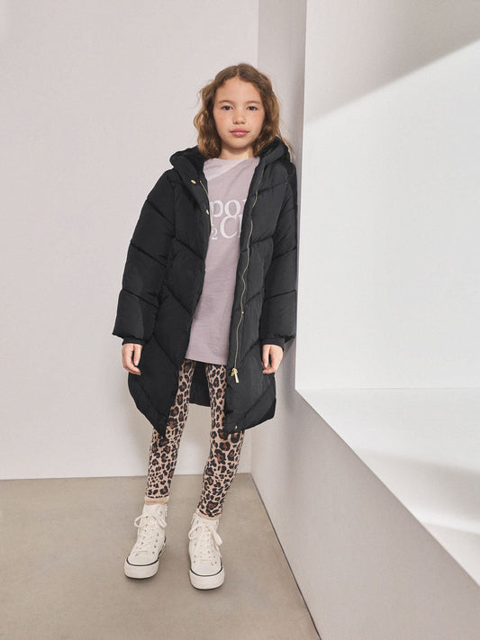 Siyah Suya Dayanıklı Kürklü Kapüşonlu Dolgulu Mont (3-16 Yaş)