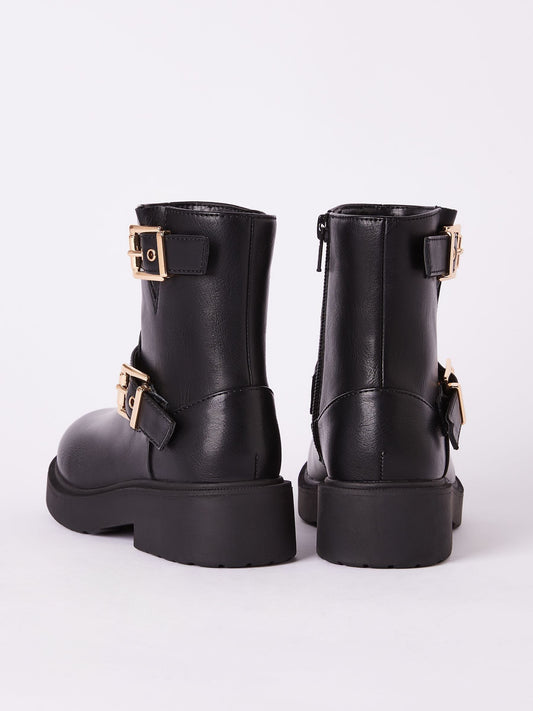 Lipsy Black Gold Buckle Biker Faux Leather Flat Ankle Boots