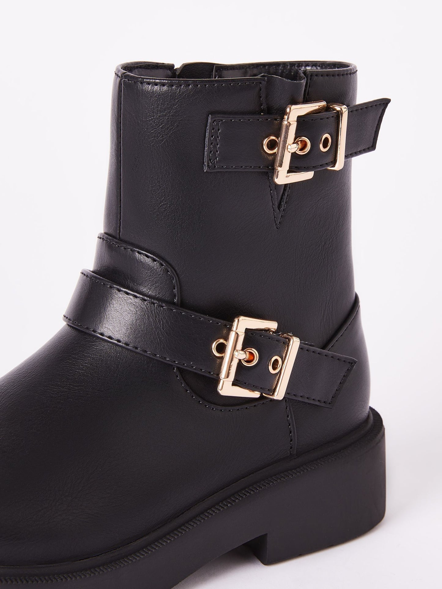 Lipsy Black Gold Buckle Biker Faux Leather Flat Ankle Boots