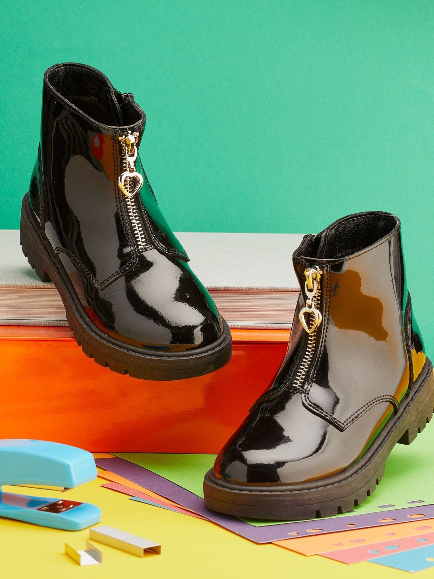 ToeZone Lydia Girls Patent Leather Zip Black Boots