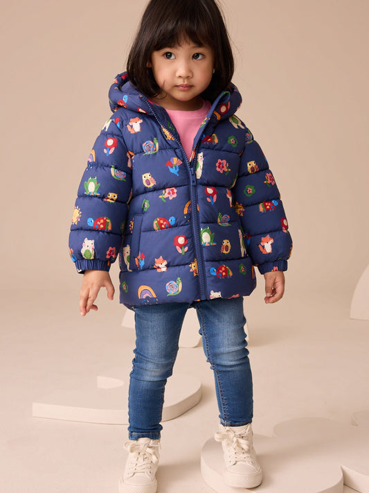 Lacivert Figür Desenli Suya Dayanıklı Polar Astarlı Kapüşonlu Dolgulu Mont (3 Ay – 7 Yaş)