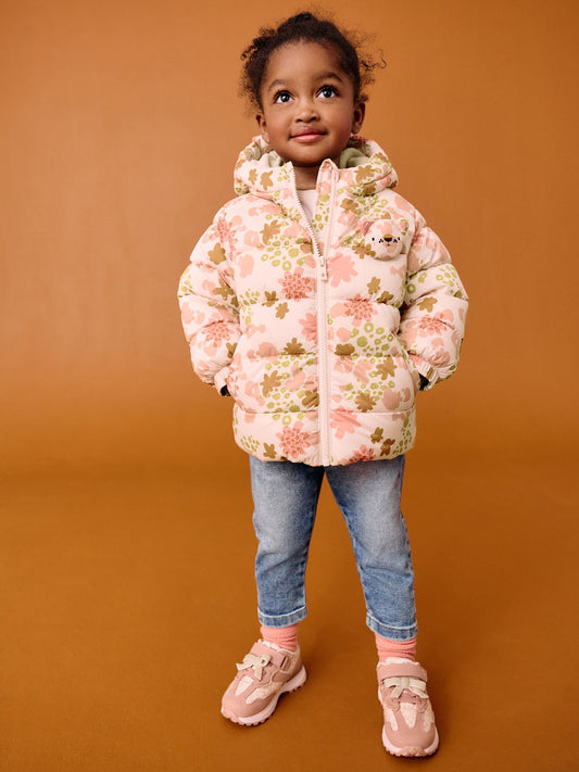 Pembe Çiçek Desenli Suya Dayanıklı Polar Astarlı Kapüşonlu Dolgulu Mont (3 Ay – 7 Yaş)