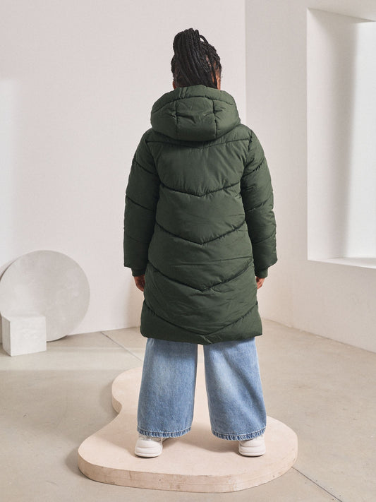 Haki Yeşil Suya Dayanıklı Kürklü Kapüşonlu Dolgulu Mont (3-16 Yaş)