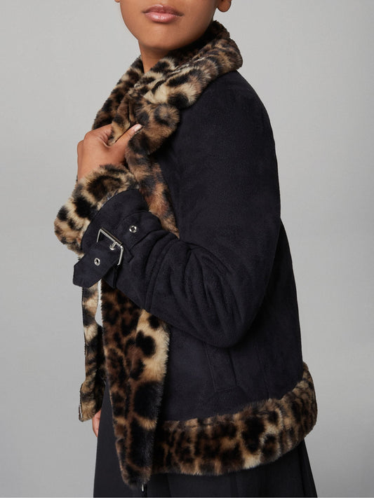 Lipsy Black Leopard Faux Fur Aviator Jacket (5-16yrs)