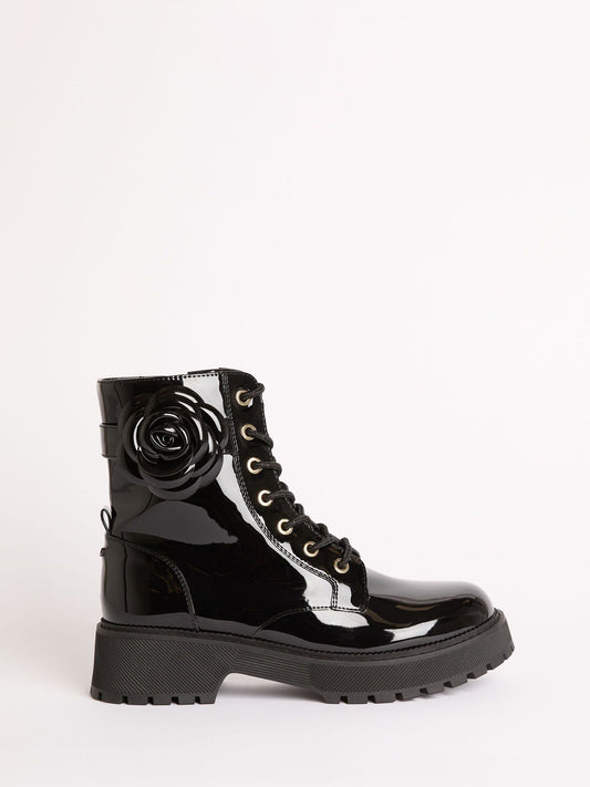 Lipsy Black Faux Leather Patent Lace Up Chunky Boots with Corsage