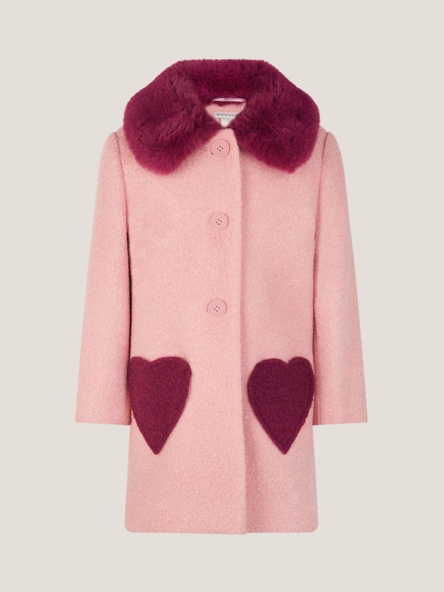 Monsoon Pink Heart Boucle Faux Fur Collar Coat