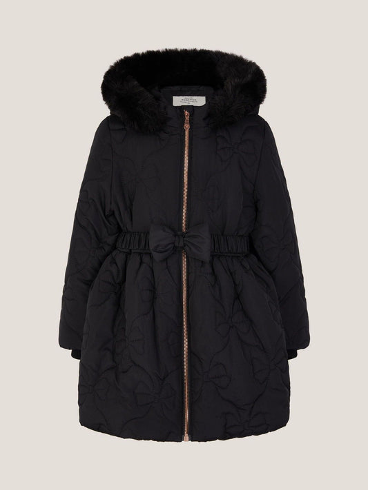 Monsoon Black Faux Fur Hooded Bow Quilted Coat