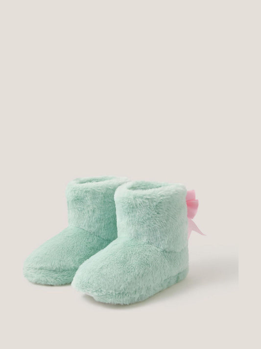Monsoon Green Fluffy Bow Slipper Boots