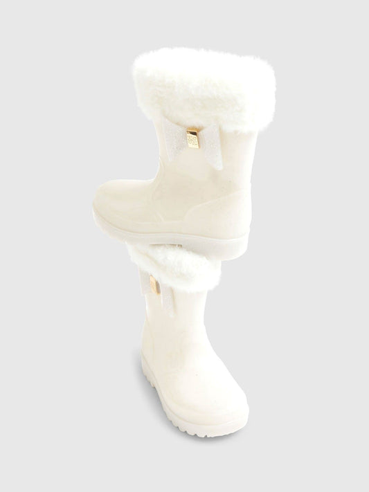 River Island Cream Glitter Fur Cuff Bow Wellies