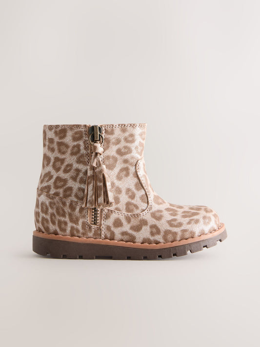 Animal Shimmer Standard Fit (F) Chelsea Zip Tassel Ankle Boots