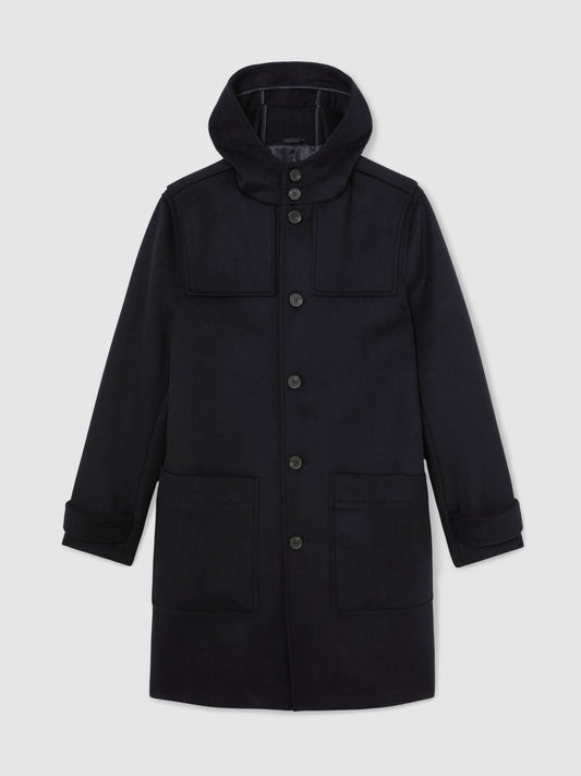 Reiss Navy Planter Wool-Blend Hooded Duffle Coat