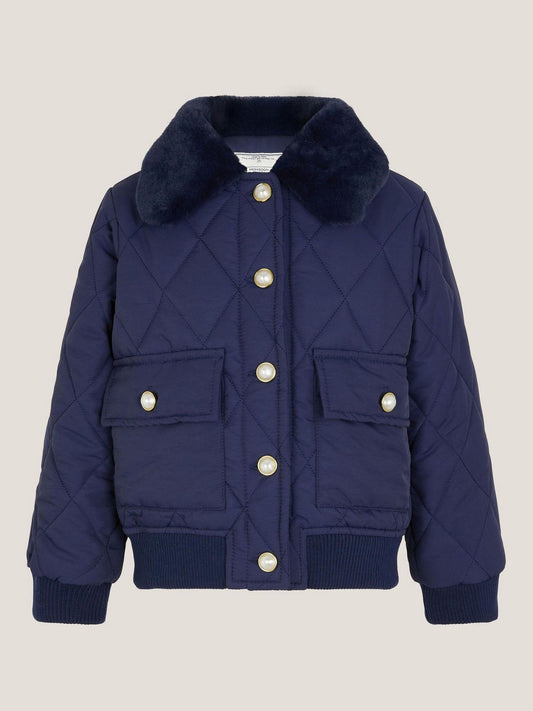 Monsoon Blue Faux Fur Collar Quilted Bomber Jacket