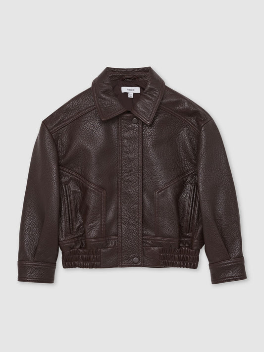 Reiss Burgundy Kiara 3-9 yrs Oversize Leather Bomber Jacket