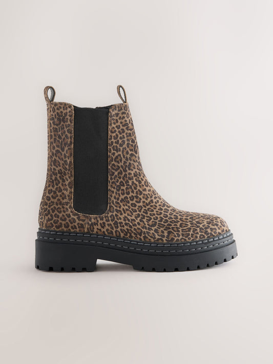 Animal Leopard Print Standard Fit (F) Leather Chunky Chelsea Boots