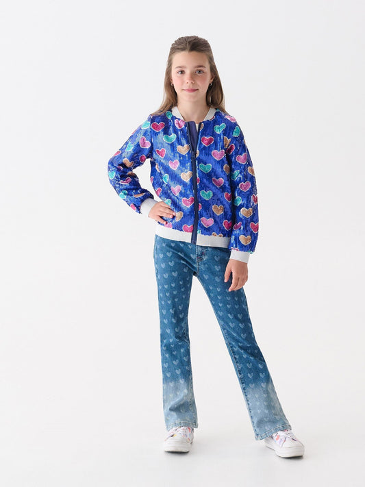 Hatley Blue Busted Hearts Sequin Bomber Jacket
