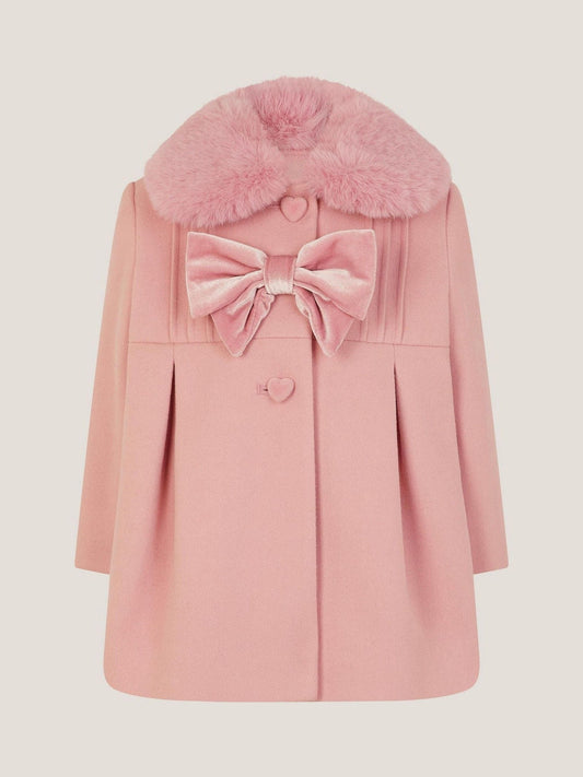 Monsoon Pink Baby Faux Fur Collar Bow Coat