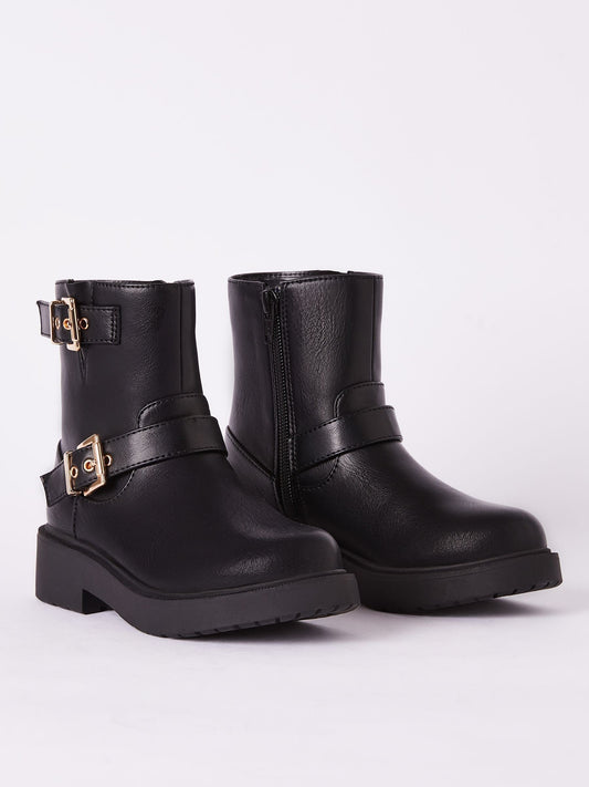 Lipsy Black Gold Buckle Biker Faux Leather Flat Ankle Boots