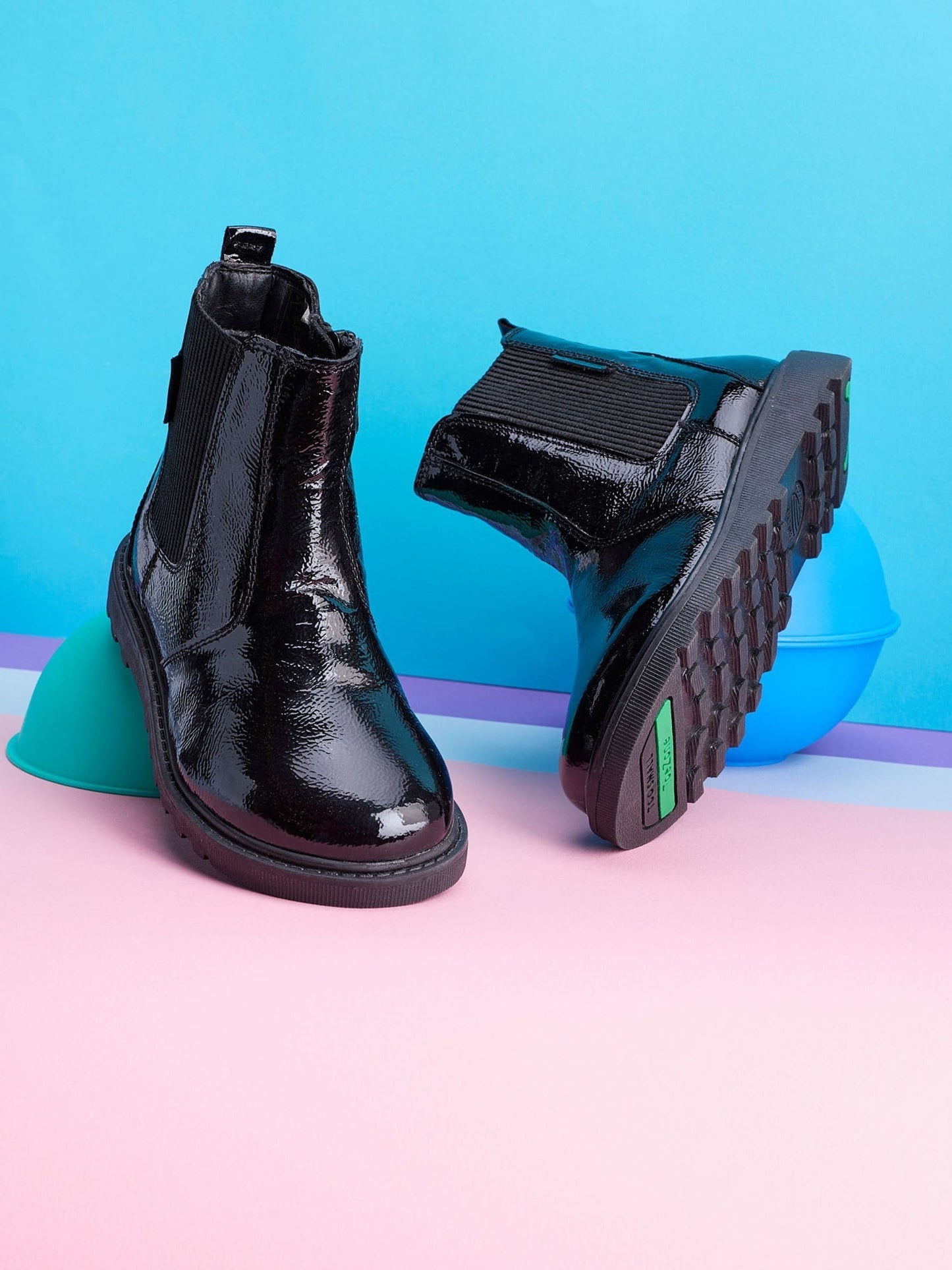 ToeZone Amara Girls Patent Leather Gusset and Zip Black Boots