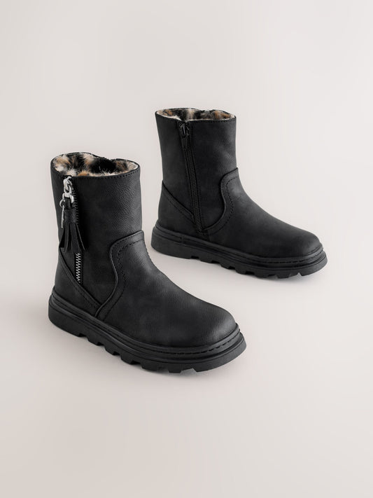 Black Faux Fur Lined Tassel Boots