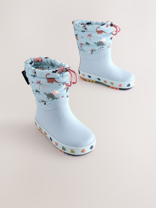 Mavi Dinozor Desenli Thinsulate Astarlı Kıvrık Paçalı Yağmur Çizmesi