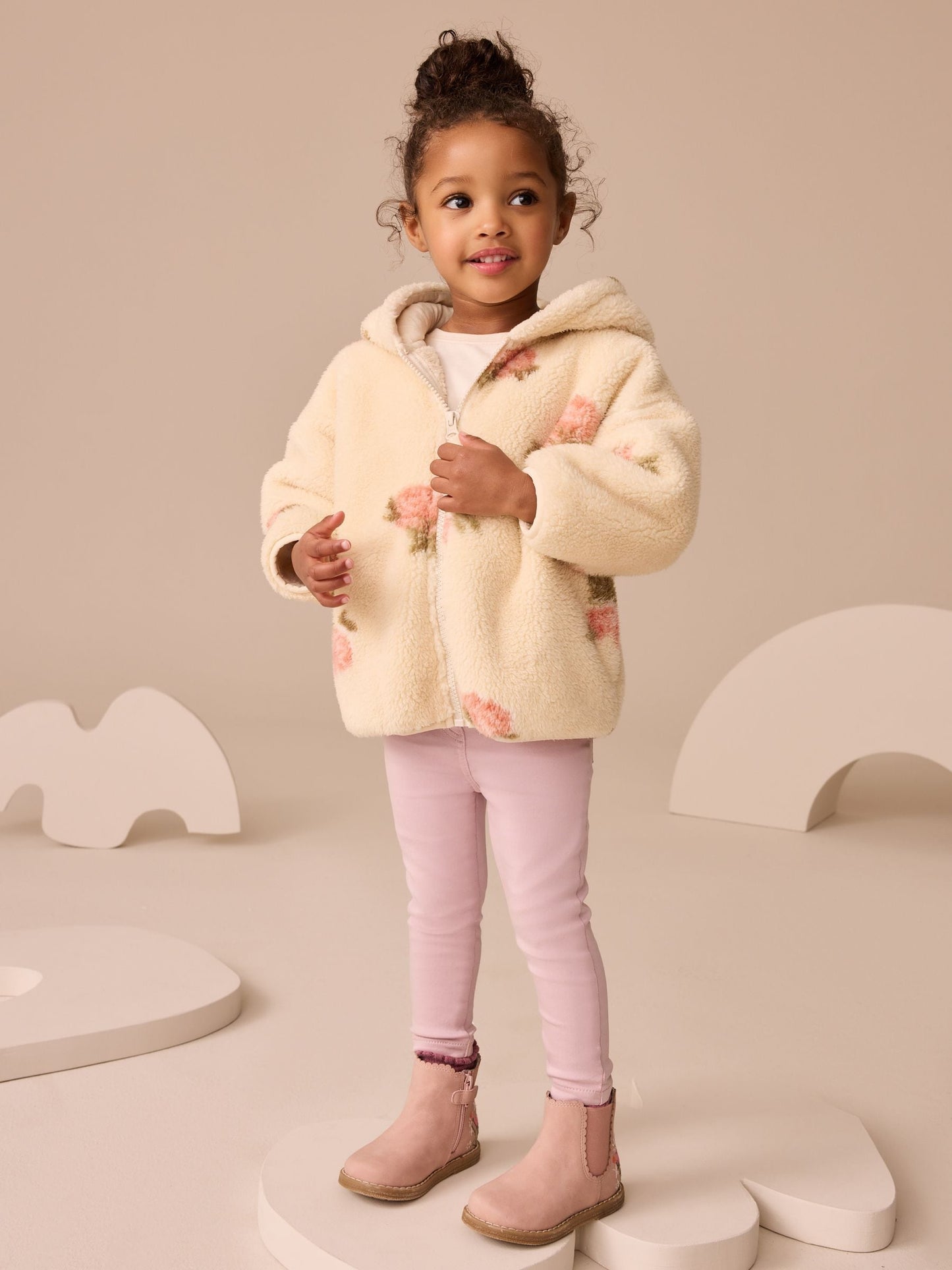 Krem Çiçek Desenli Fermuarlı Polar (3 Ay – 7 Yaş)