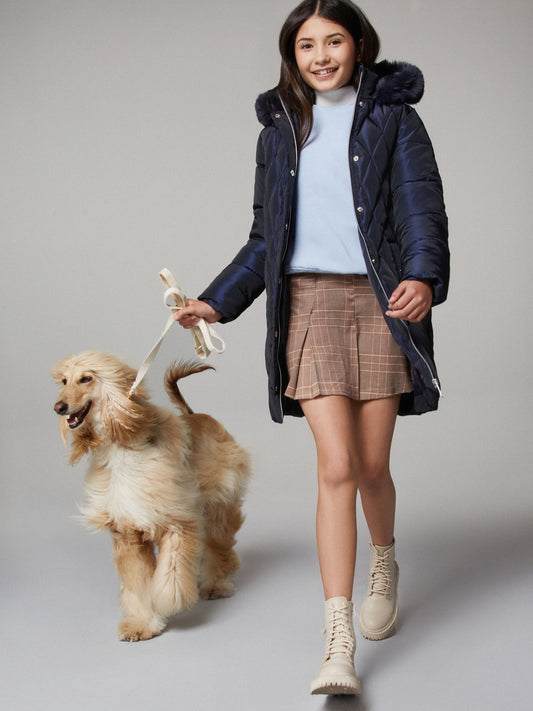 Lipsy Navy Shower Resistant Midweight Metallic Belted Puffer Coat (5-16yrs)