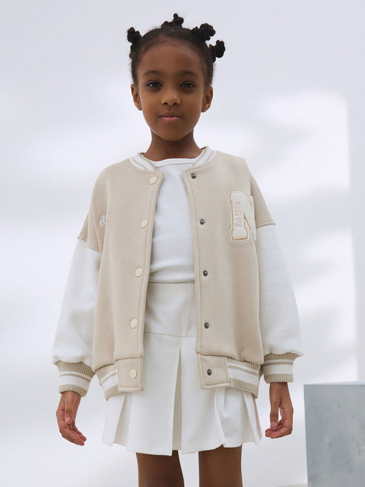 Beige Boucle Varsity Embroidered Jacket (3-16yrs)