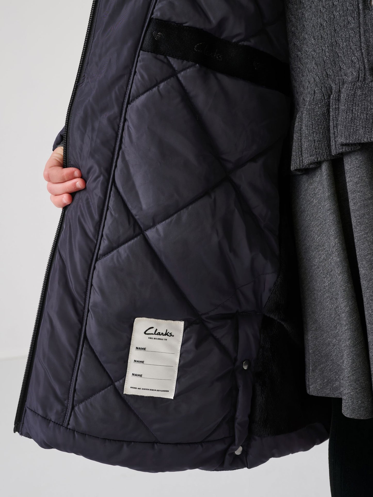 Clarks Navy Girls Shower Resistant Longline Padded Coat