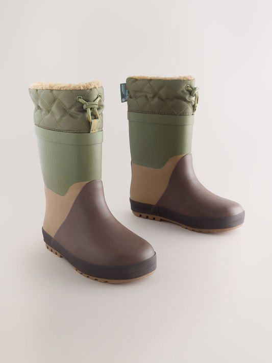 Kahverengi Renk Bloklu Sıcak Astarlı Kıvrık Paçalı Yağmur Çizmesi