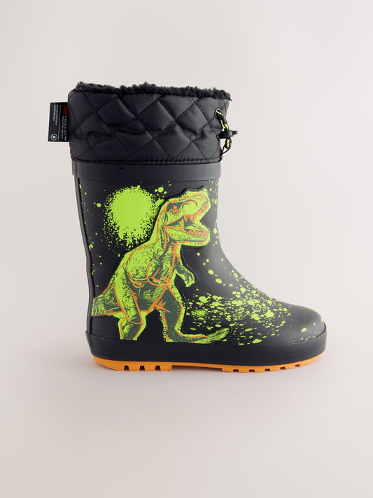 Siyah Dinozor Sıcak Astarlı Kıvrık Paçalı Yağmur Çizmesi