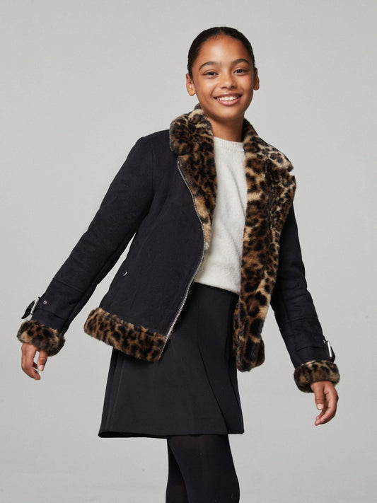 Lipsy Black Leopard Faux Fur Aviator Jacket (5-16yrs)