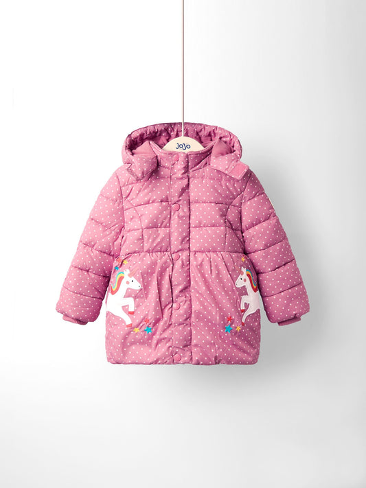 JoJo Maman Bébé Pink Unicorn Fleece Lined Puffer Coat