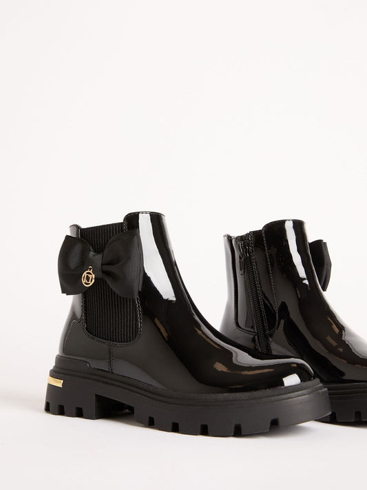 Lipsy Black Faux Leather Patent Chelsea Ankle Boots with Bow