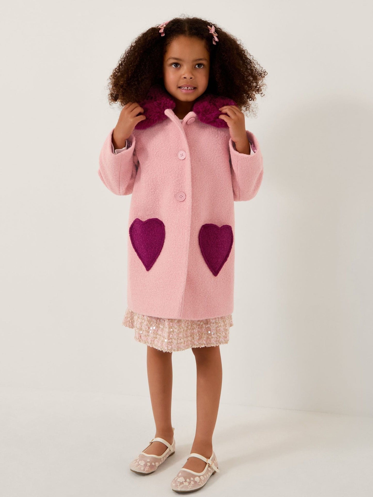 Monsoon Pink Heart Boucle Faux Fur Collar Coat