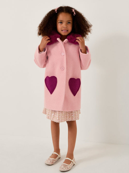 Monsoon Pink Heart Boucle Faux Fur Collar Coat