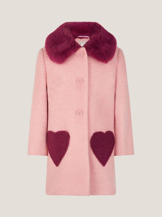 Monsoon Pink Heart Boucle Faux Fur Collar Coat