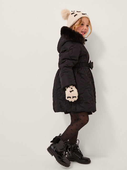 Monsoon Black Faux Fur Hooded Bow Quilted Coat