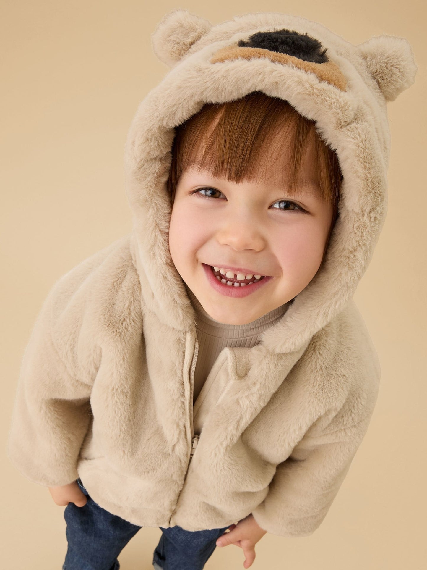 MORI Cream Bear Faux Fur Hooded Jacket