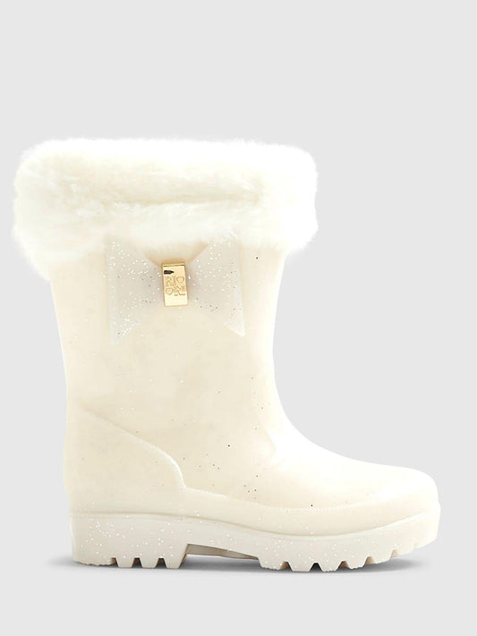 River Island Cream Glitter Fur Cuff Bow Wellies