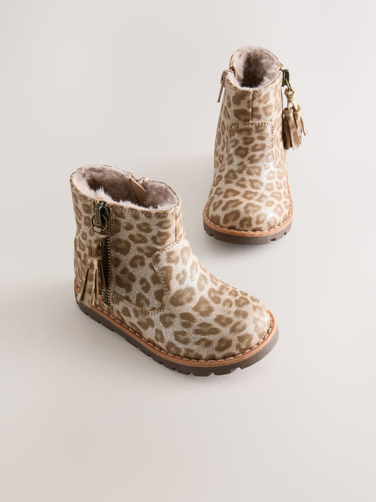 Animal Shimmer Wide Fit (G) Chelsea Zip Tassel Ankle Boots