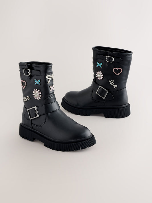 Black Embellished Brooch Boots