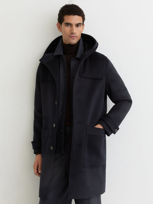 Reiss Navy Planter Wool-Blend Hooded Duffle Coat