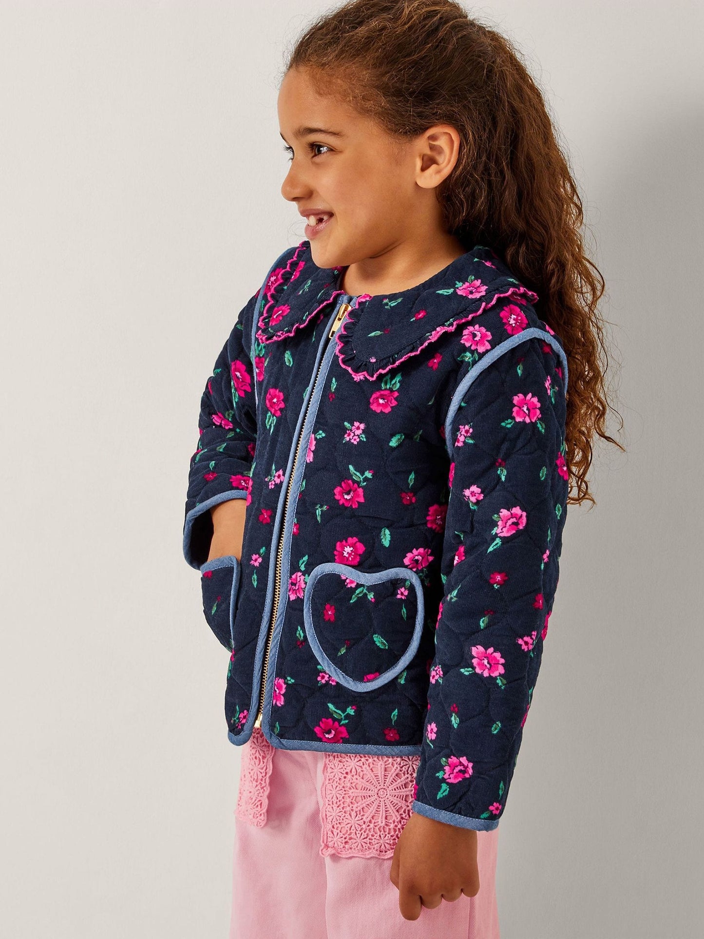 Monsoon Blue Floral Print Cord Quilted Jacket