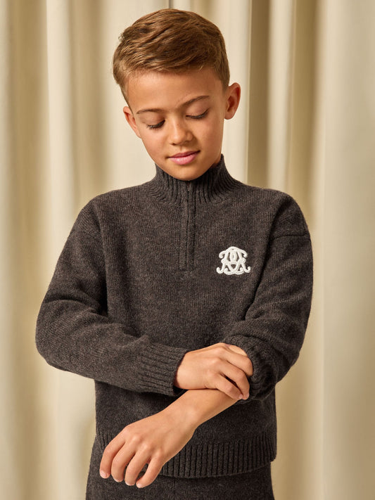 Reiss Chocolate Brown Curtis 3-9 yrs Monogram Relaxed Half-Zip Jumper Wool-Blend Unisex Fit
