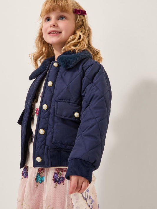 Monsoon Blue Faux Fur Collar Quilted Bomber Jacket