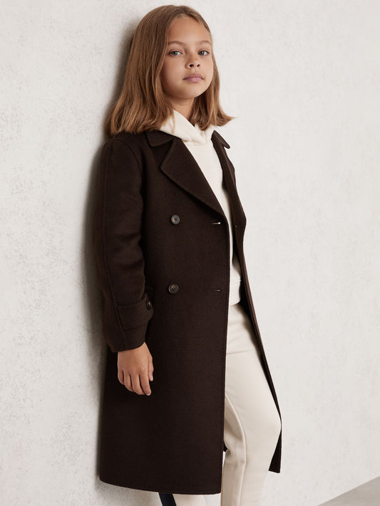 Reiss Chocolate Brown Rene 3-9 yrs Double-Breasted Blindseam Wool-Blend Coat