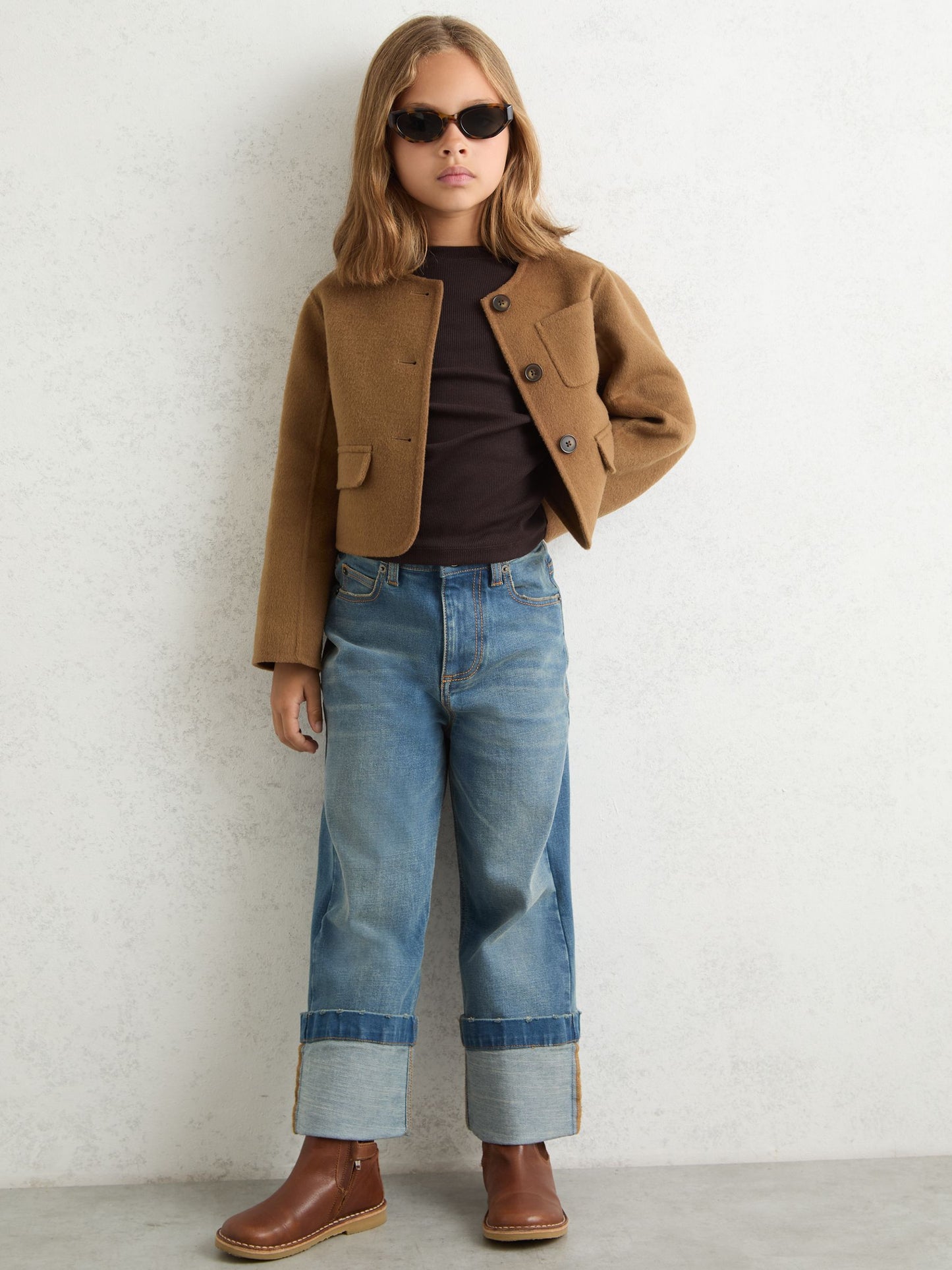 Reiss Camel Ami 9-13 yrs Wool-Blend Cropped Collarless Jacket