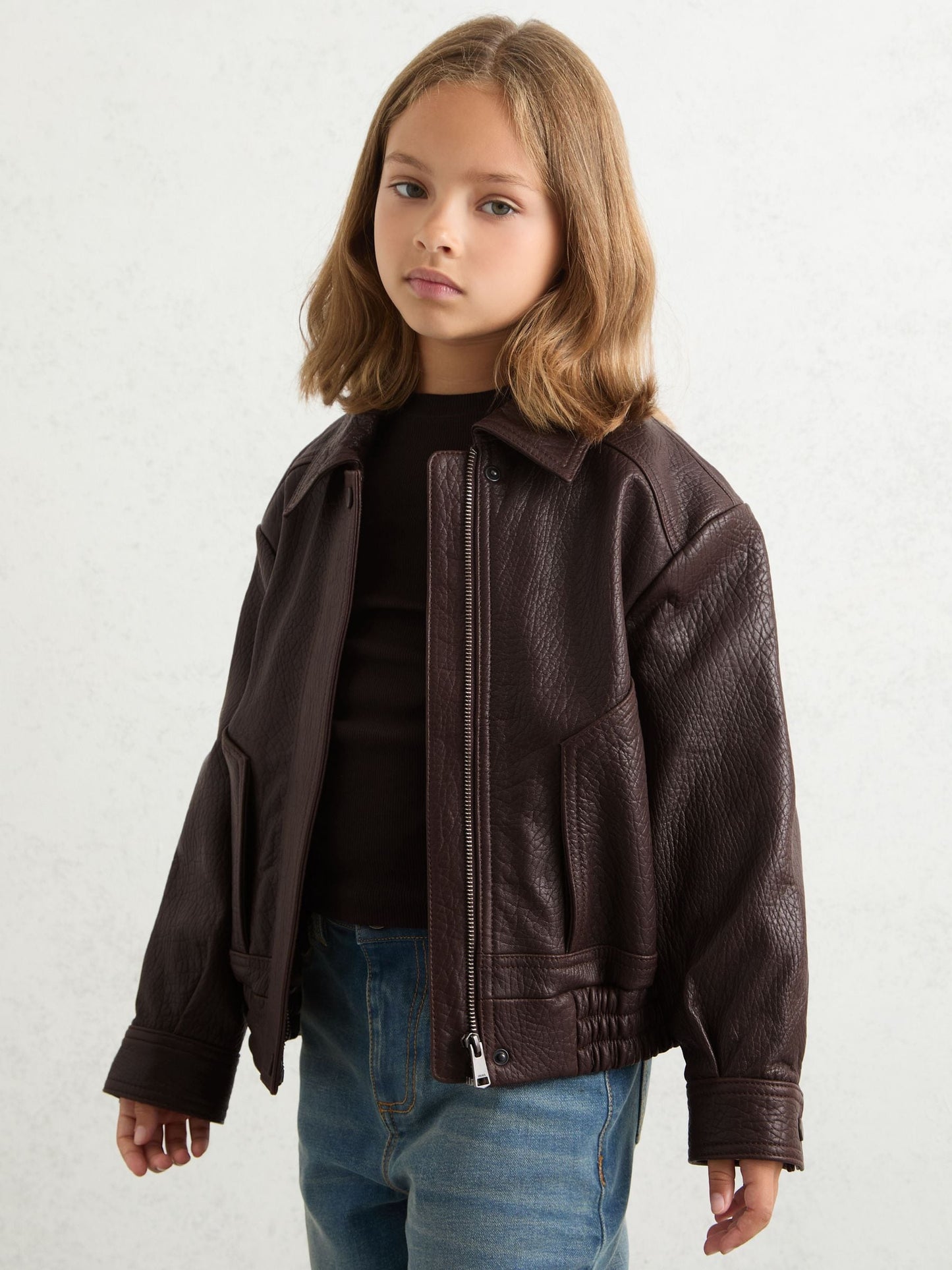 Reiss Burgundy Kiara 3-9 yrs Oversize Leather Bomber Jacket