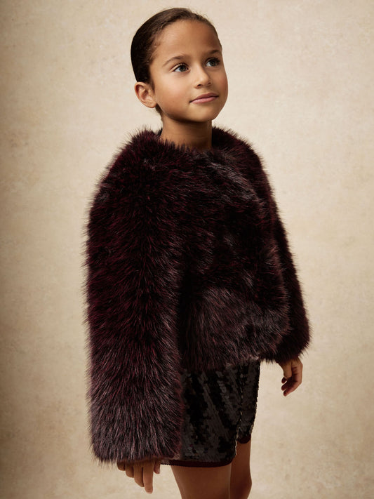 Reiss Burgundy Marco 9-13 yrs Faux-Fur Coat