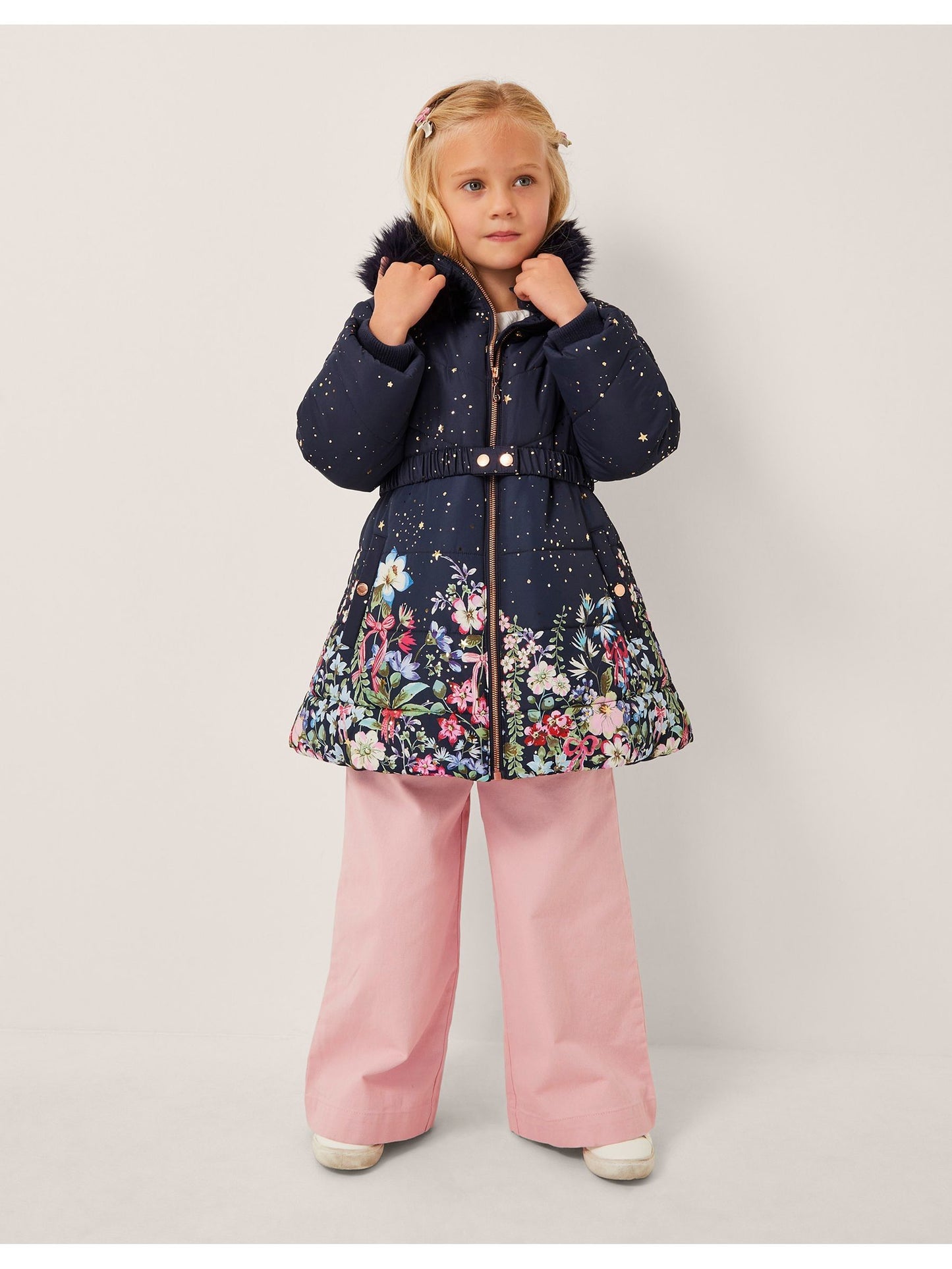 Monsoon Blue Starry Floral Print Hooded Coat